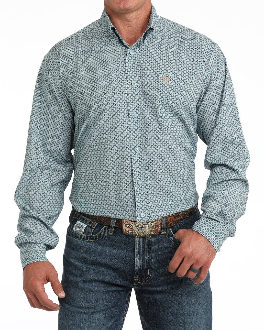 Cinch Men's L/S Arenaflex Print Western Button Down Shirt in Light Blue