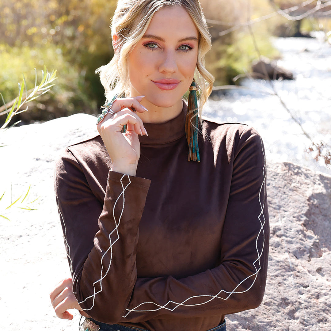 Cruel Women's L/S Western Sueded Top in Brown