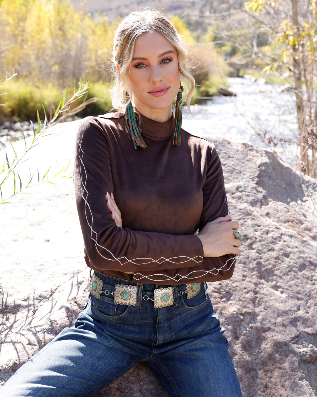 Cruel Women's L/S Western Sueded Top in Brown