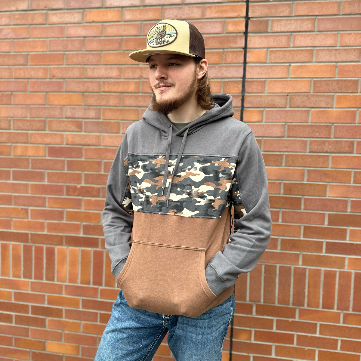 Rock & Roll Denim Men's Camo-Blocked Hoodie in Tan