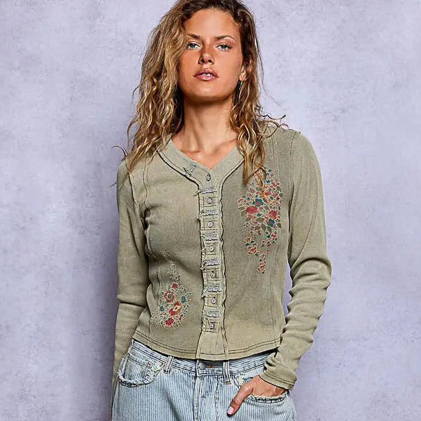 Women's Vintage Washed Button Front Top in Olive