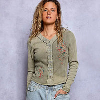 Women's Vintage Washed Button Front Top in Olive