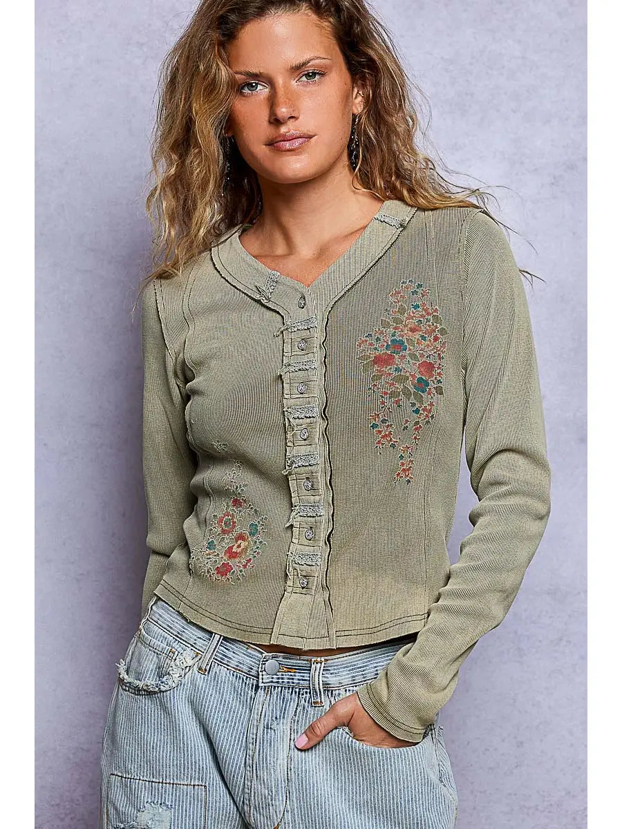 Women's Vintage Washed Button Front Top in Olive
