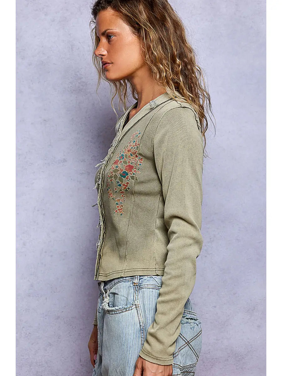 Women's Vintage Washed Button Front Top in Olive