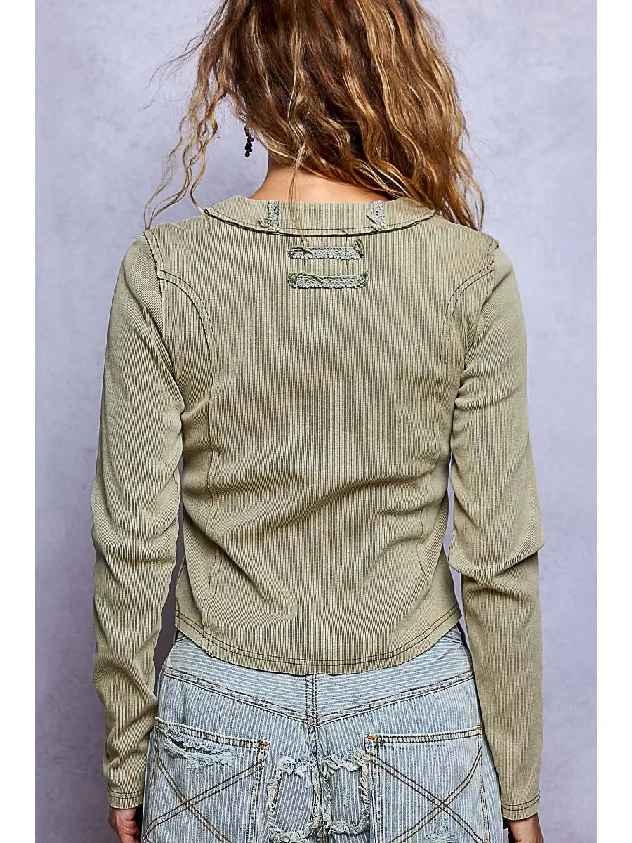 Women's Vintage Washed Button Front Top in Olive