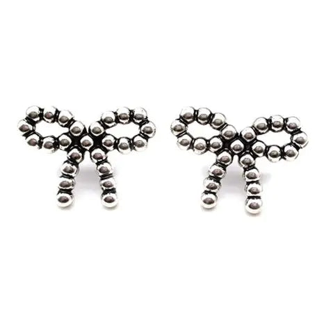 3D Bead Texture Silver Bow Post Earrings