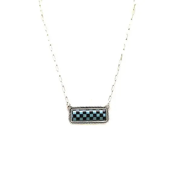 17.5" Turquoise Checkered Bar Necklace in Silver