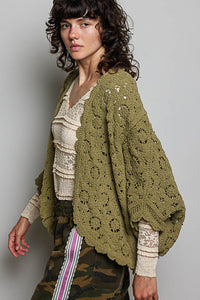 Women's Dolman Sleeve Crochet Cardigan in Teal Olive