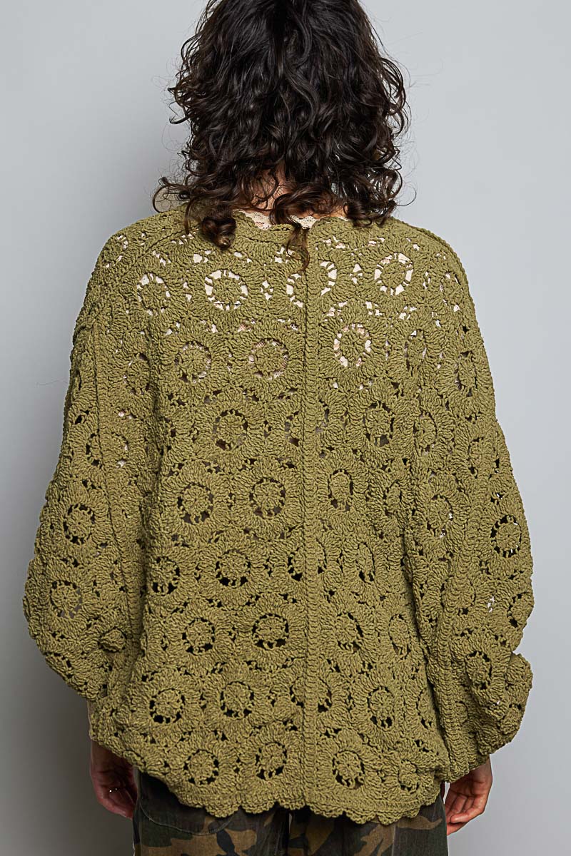 Women's Dolman Sleeve Crochet Cardigan in Teal Olive