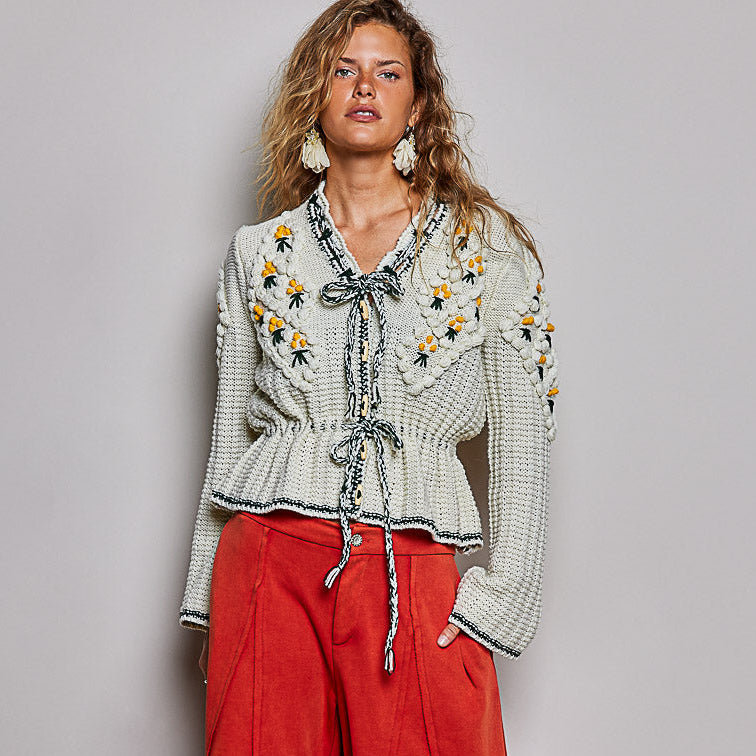 Women's Floral Daisy Embroidered Front Tie Cardigan in Cream