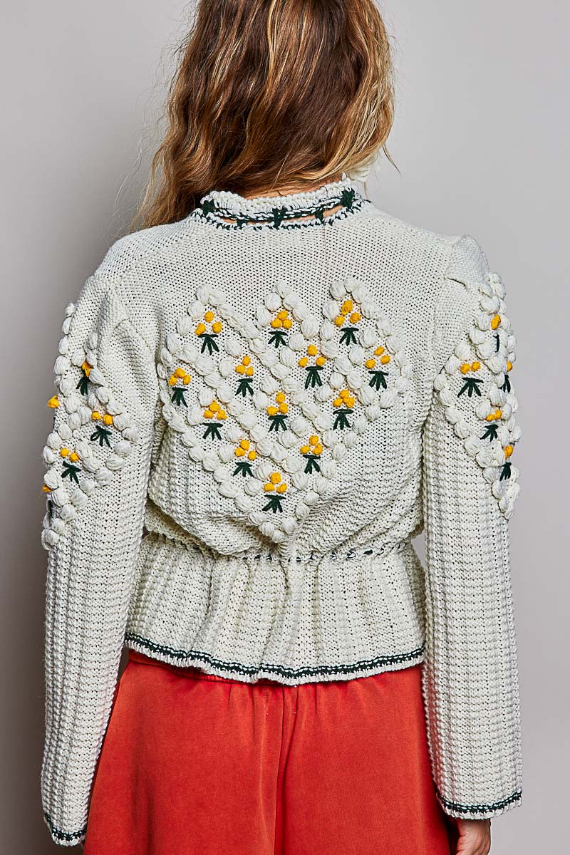 Women's Floral Daisy Embroidered Front Tie Cardigan in Cream