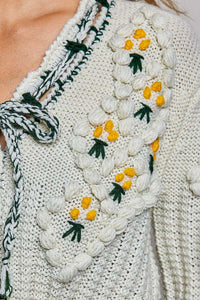 Women's Floral Daisy Embroidered Front Tie Cardigan in Cream
