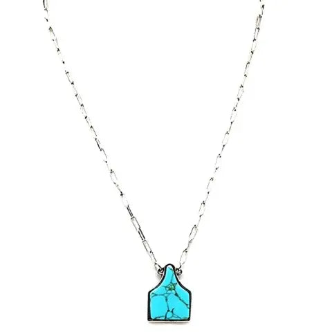 17.5" Western Turquoise Cattle Tag Necklace in Silver