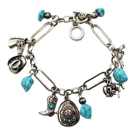 Western Themed Chunky Charm Bracelet in Silver