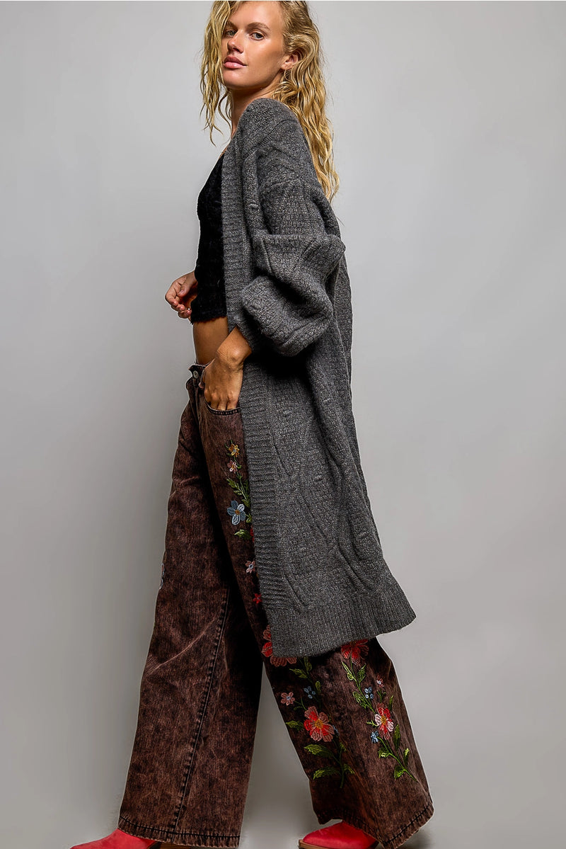 Women's Long Cable Knit Cardigan in Charcoal