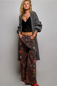Women's Long Cable Knit Cardigan in Charcoal