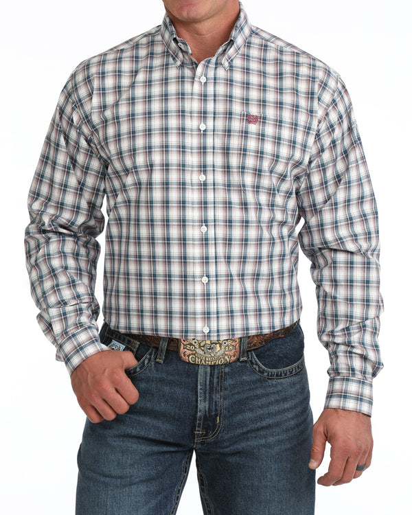Cinch Men's L/S Classic Fit Plaid Button Down Western Shirt in White