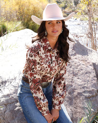 Cruel Women's L/S Floral Paisley Print Western Snap Shirt in Khaki