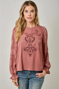 Women's L/S Embroidered Blouse in Mauve