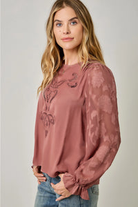 Women's L/S Embroidered Blouse in Mauve