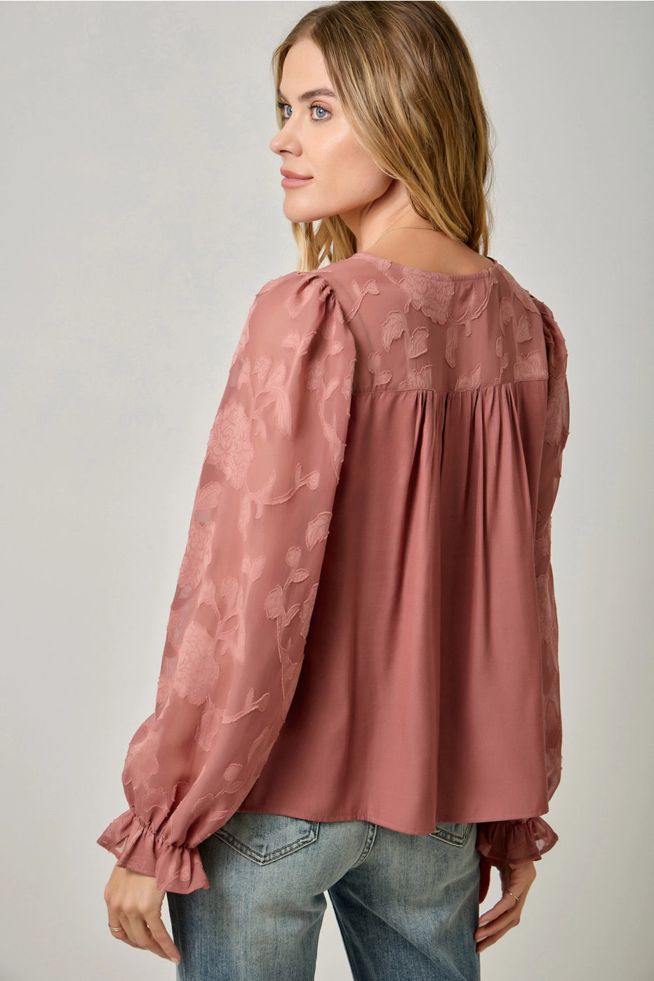 Women's L/S Embroidered Blouse in Mauve