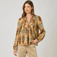Women's L/S Printed Peasant Blouse in Latte