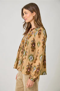 Women's L/S Printed Peasant Blouse in Latte