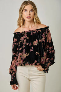 Women's Velvet Burnout On/Off Shoulder Blouse in Floral Black