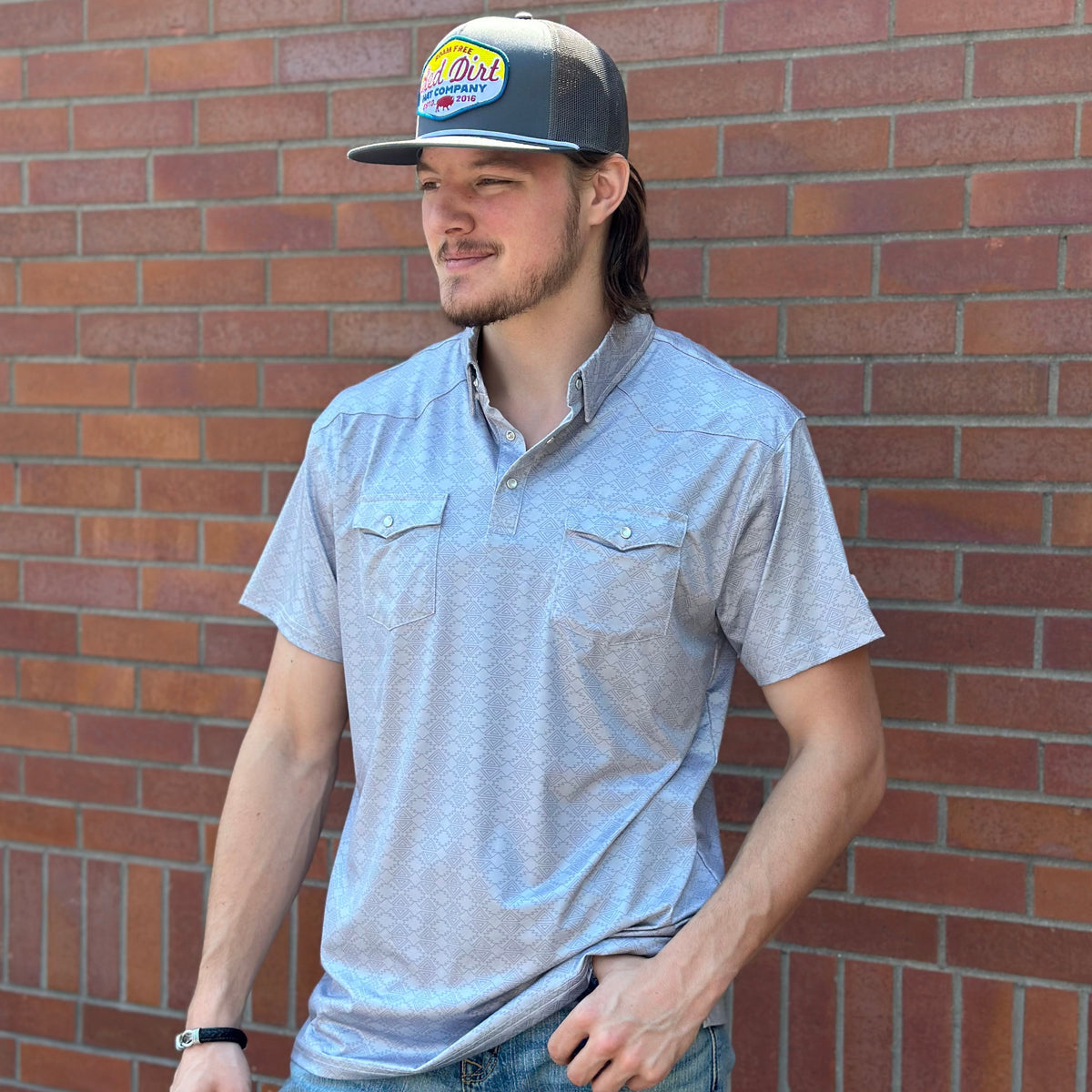 Red Dirt Hat Co. Men's S/S Cowboy Casual Polo in Grey Aztec