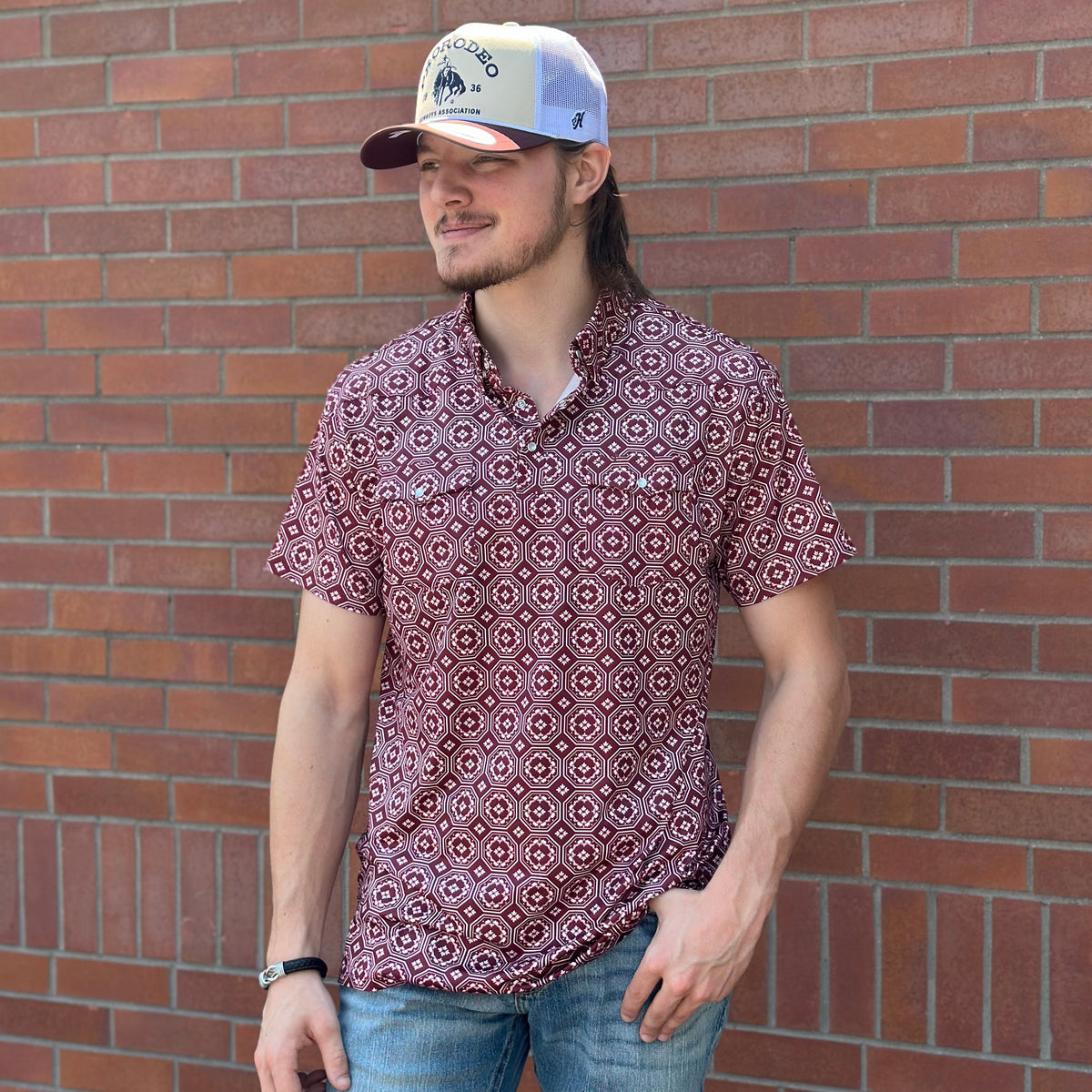 Red Dirt Hat Co. Men's S/S Cowboy Casual Polo in Maroon Floral