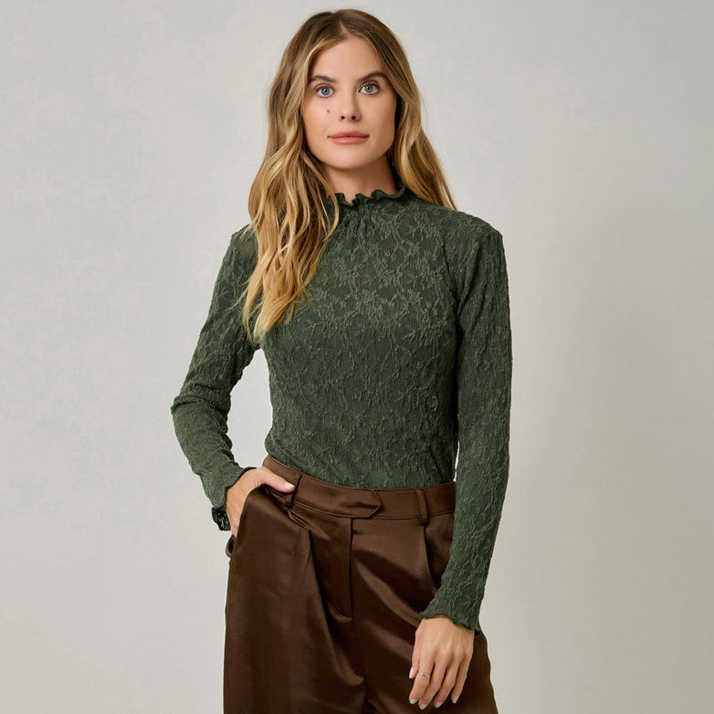 Women's Lettuce Edge Knit Top in Deep Green