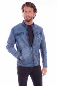 Scully Men's Front Zip Leather Jacket in Denim Blue