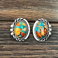1" Oval Turquoise Stone with Large Matrix Stud Earrings