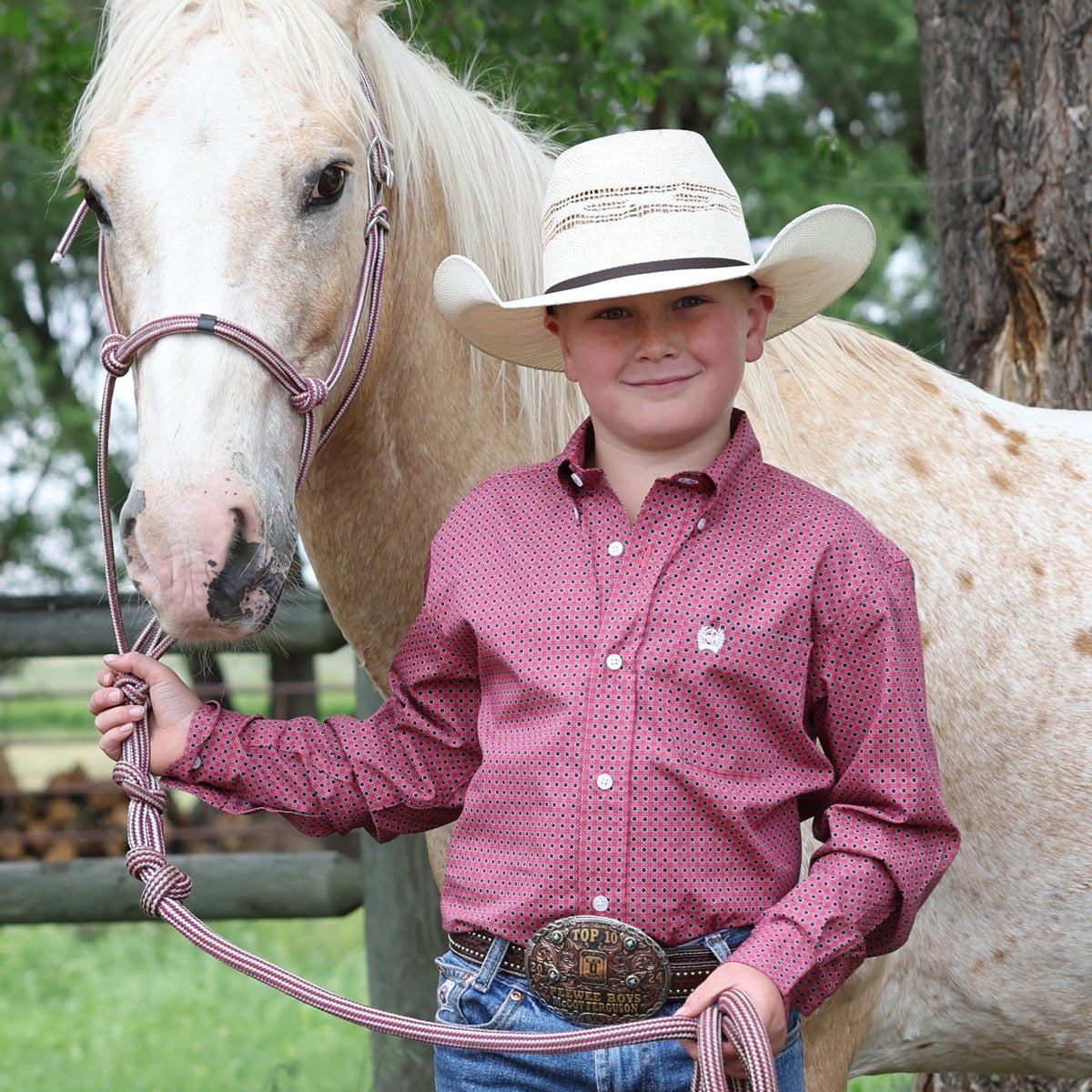 Cinch Youth Boy's L/S Medallion Print Button Down Western Shirt in Pink
