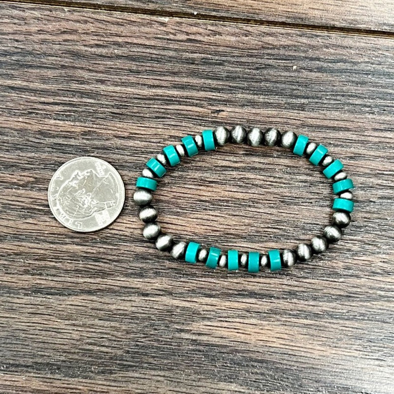 Rondelle Heishi Turquoise & Navajo Inspired Pearl Stretch Bracelet