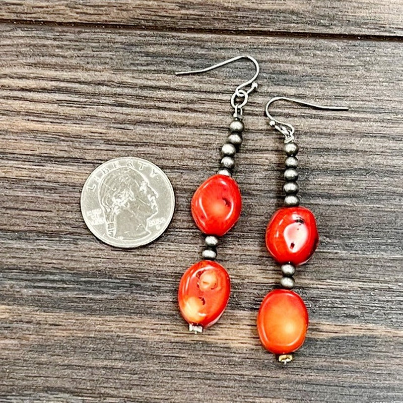 Navajo Pearl & Red Coral Dangle Earrings