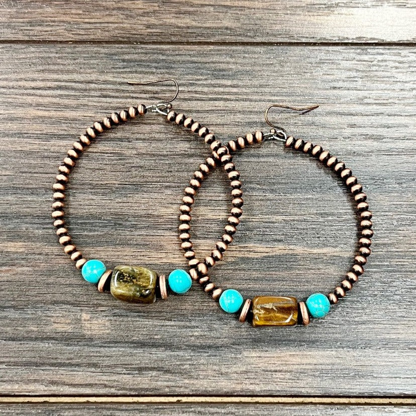 Copper Navajo Inspired Pearl & Gemstone Hoop Earrings