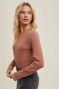 Women's L/S Solid Ribbed Knit Top in Rose