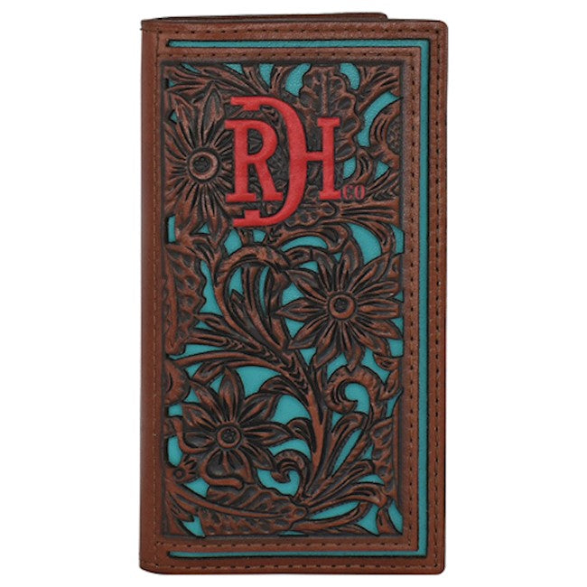 Red Dirt Hat Co. Floral Tooled With Turquoise Inlay Brown Leather Rodeo Wallet