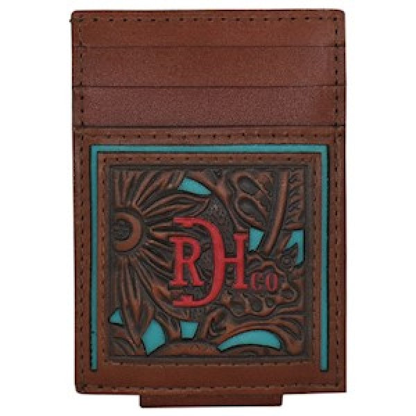 Red Dirt Hat Co. Floral Tooled With Turquoise Inlay Brown Leather Card Case With Money Clip