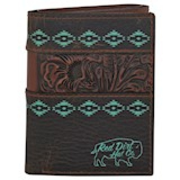 Red Dirt Hat Co. Floral Tooled Accent & Turquoise Design Brown Leather Trifold Wallet