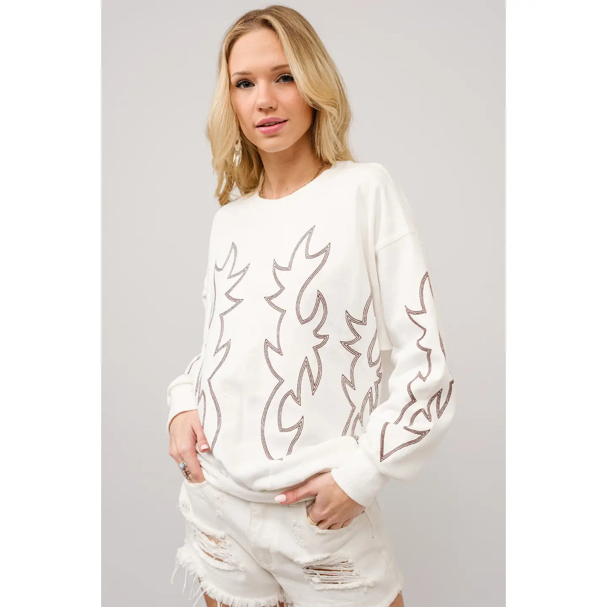 Women's Western Boot Stitch Sweatshirt in Winter White