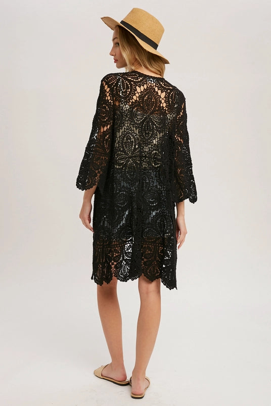 Women's Long Crochet Lace Cardigan in Black