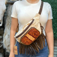 Tooled Cowhide Fringe Leather Sling Bag in Brown