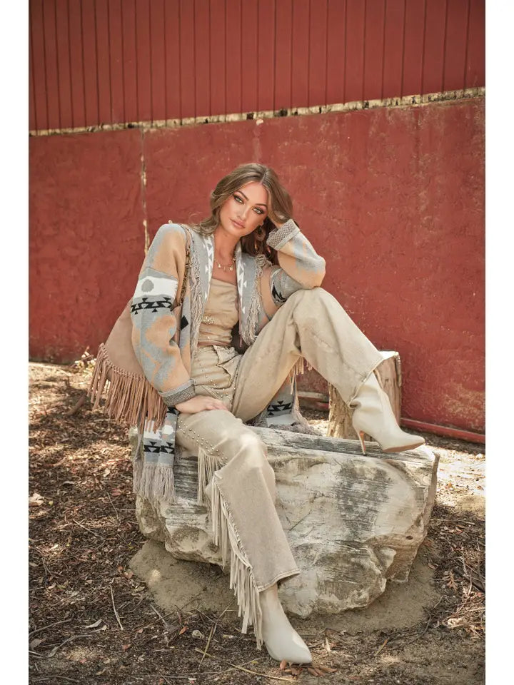 Women's Western Pattern Fringe Detail Belted Cardigan in Taupe