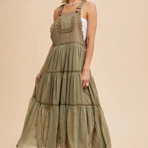 Women's Tiered Skirtall Midi Dress in Olive Green