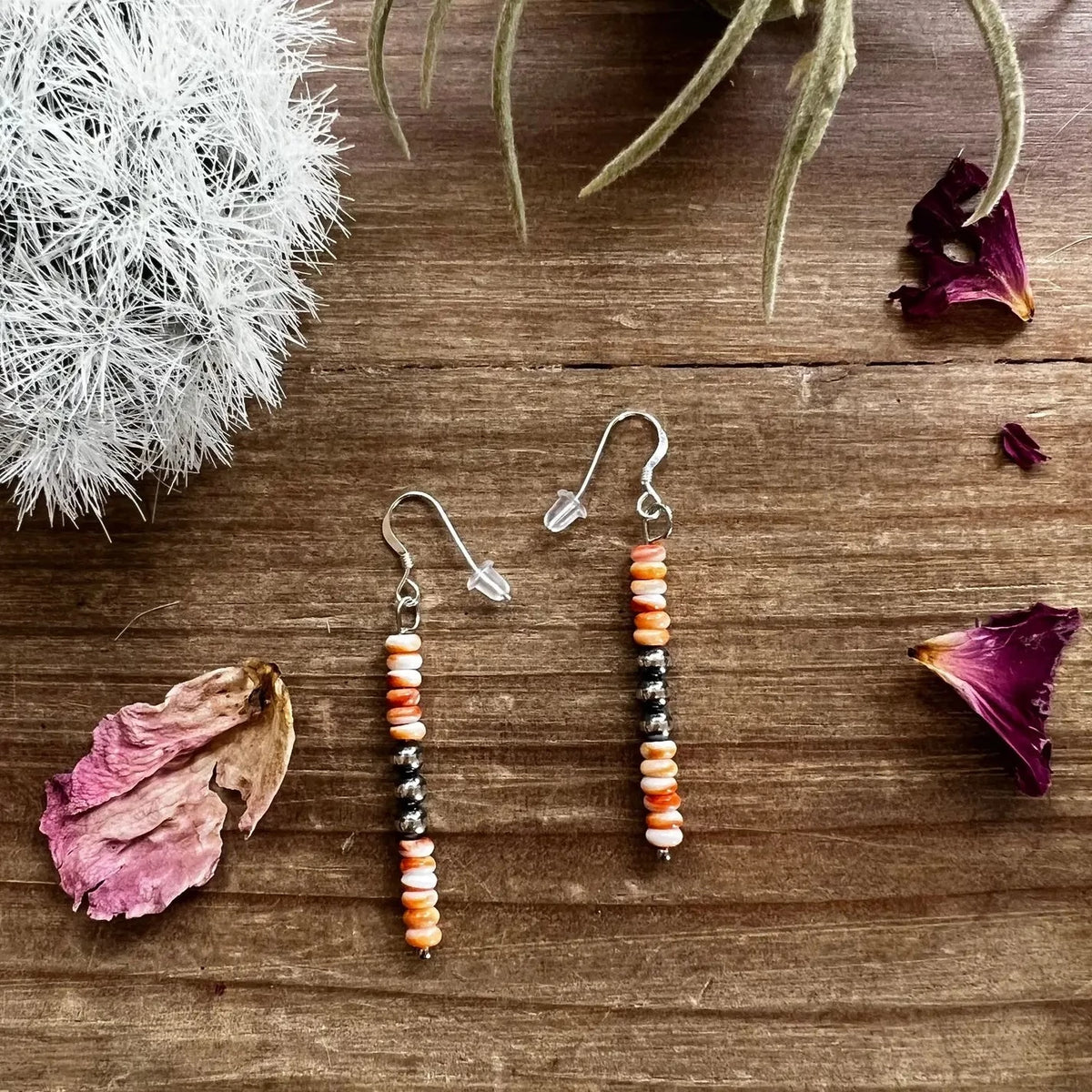 Orange Spiny Oyster and Navajo Pearl Earrings
