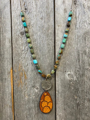 J Forks Kingman Turquoise & Leather Cactus Teardrop Necklace