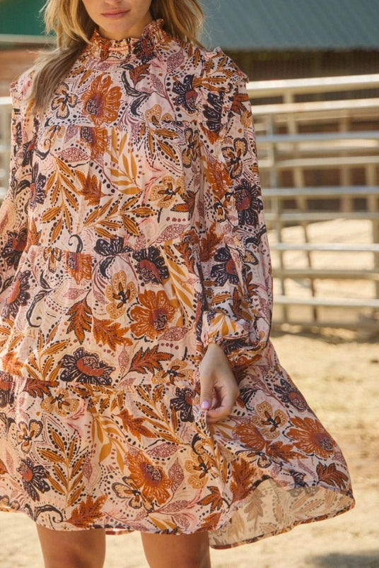 Women's Long Sleeve Boho Floral Mini Dress in Ivory (Available in Plus Sizes)