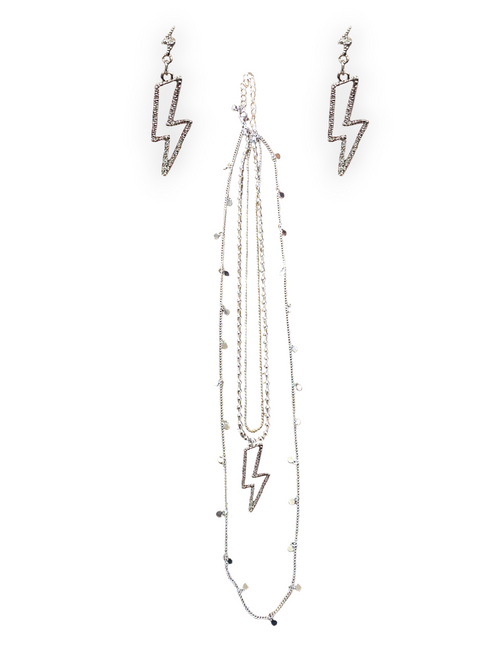 Silver Lightning Bolt Layered Necklace and Earring Set